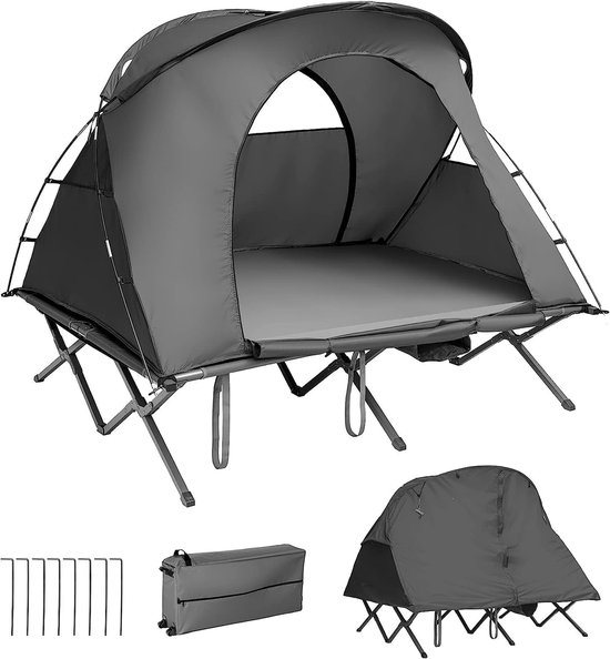 KOMFOTTEU Veldbed met tent voor 2 personen, 4-in-1 campingtent, waterdicht, met regenhoes, luchtmatras, kussen, draagtas op wielen, campingbed, campingbed voor wandelen en picknick