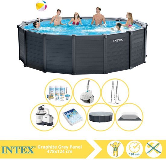 Intex Graphite Gray Panel Zwembad - Opzetzwembad - 478x124 cm - Inclusief Onderhoudspakket, Glasparels en Zwembad Stofzuiger