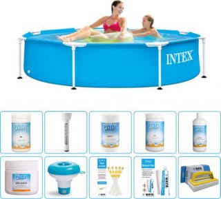 Intex Rond Frame Zwembad - 244 x 51 cm - Blauw - Inclusief Chloor - Chloordrijver - Testrips - Reparatiesetje - Scrubborstel - PH-waarde - PH-waarde - Thermometer - Algen - Chloor