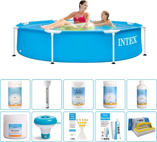 Intex Rond Frame Zwembad - 244 x 51 cm - Blauw - Inclusief Chloor - Chloordrijver - Testrips - Reparatiesetje - Scrubborstel - PH-waarde - PH-waarde - Thermometer - Algen - Chloor