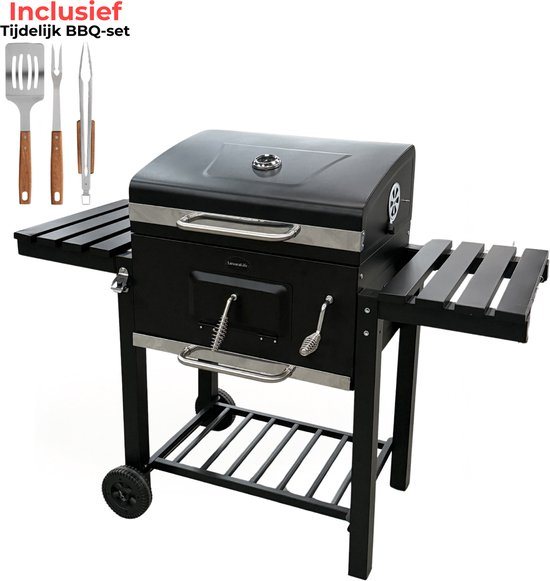 Luxoralife Houtskool BBQ - Smokerbarbecue - PFAS Vrij - Verstelbaar Kolenrooster -bbq- 42x57cm Grilloppervlak - Zijpanelen - Zwart