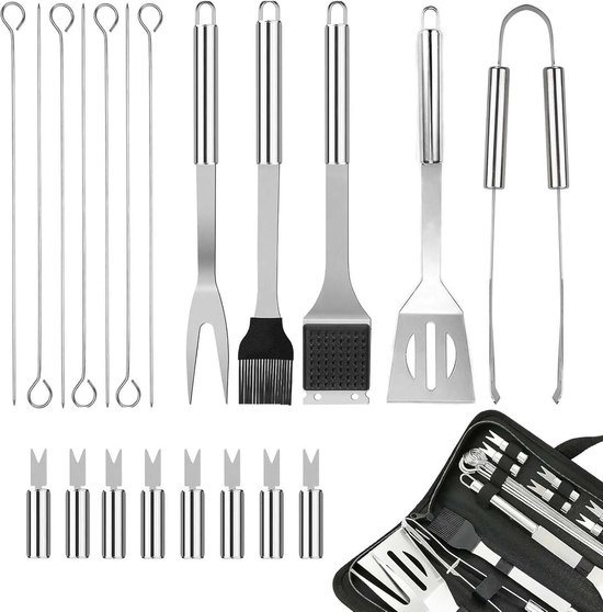 Grillbestekset - 20 stuks roestvrij staal - barbecue-accessoires voor mannen - gereedschapsset voor achtertuin en camping