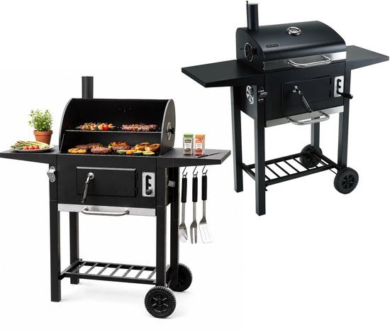 Klausberg Houtskoolbarbecue met Deksel en Thermometer - 42 x 30 cm - Verrijdbare BBQ met Zijtafels