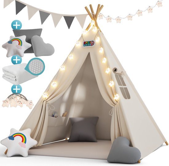 Spielwerk Speeltent – LED Verlichting & 3 Kussens 130x130x160cm – Wit