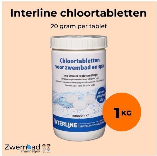 Interline Chloortabletten 20 gram 1 kg - Inclusief zwembadmannetjes doseerschema - Chloortabletten voor zwembad en jacuzzi - Chloor 20 gram - Chloortabletten klein zwembad tot gemiddeld