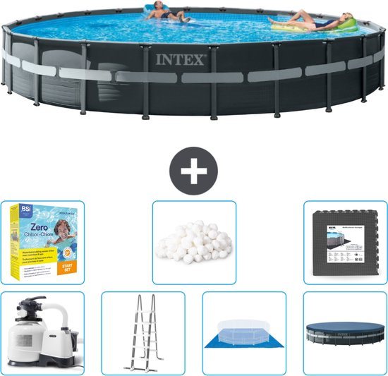 Intex Rond Ultra XTR Frame Zwembad - 732 x 132 cm - Inclusief Pomp - Ladder - Grondzeil - Afdekzeil Onderhoudspakket - Filterbollen - Vloertegels