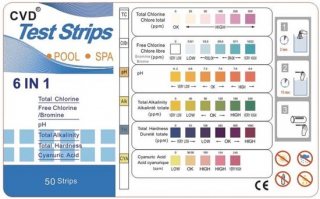 CVD® Teststrips zwembad 6 in 1 - Zwembad / Jacuzzi Test strips - 50 STUKS in flesje-- Zwemwater kwaliteit -- Zwembadonderhoud -- PH Strips Test: 1. Totale Chloor 2. Vrije Chloor 3. Hardheid 4. Alkaliteit 5. PH waarde 6. Cyanuurzuur