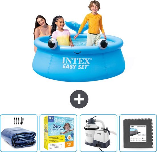 Intex Rond Opblaasbaar Easy Set Zwembad - 183 x 51 cm - Blauw - Walvis - Inclusief Solarzeil - Onderhoudspakket - Zwembadfilterpomp - Vloertegels