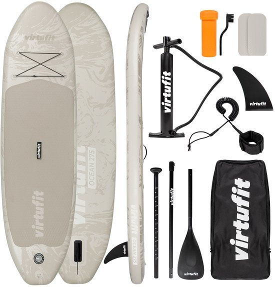 VirtuFit Ocean Opblaasbaar SUP Board 275 cm - Max. 150 kg - Complete Set - Inclusief Pomp, Peddel, Draagtas, Accessoires & GoPro-mount - Stand Up Paddle Board - Beige