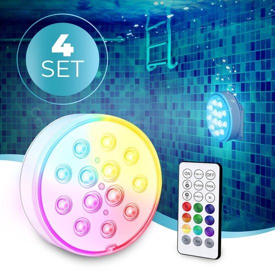 KENN® Oplaadbare Zwembadlamp – Set van 4 – Zwembad Verlichting – Met Afstandsbediening – IP68 Waterdicht – Onderwater Verlichting – LED Onderwater Lamp – Vijververlichting – Jacuzzi Verlichting – Inclusief Bevestiging - 13 LED's - Oplaadbaar Model