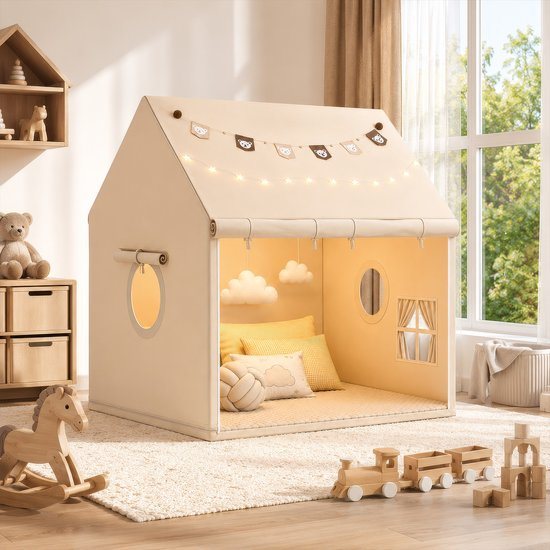 Kindertent - Speeltent met Speelmat Lichtslinger en Wolkendecoratie - 120 x 105 x 130 cm Speelhuis met Grote Opening en Ramen - Beige