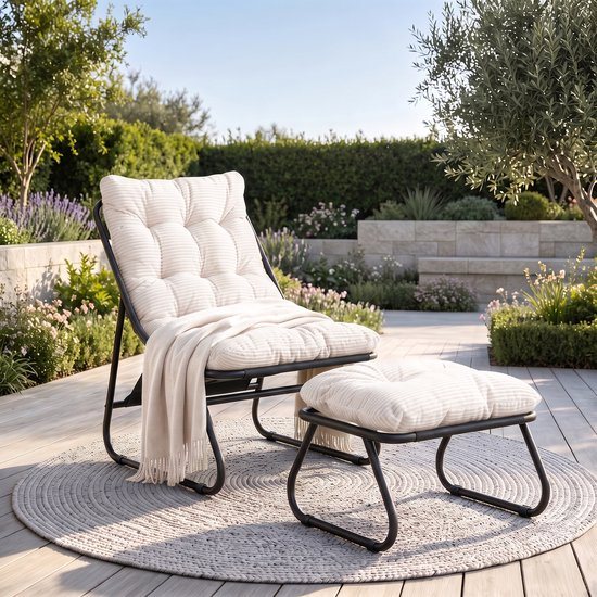 Intebiki loungestoel met poef - ergonomisch tuinstoelen - 65 x 78 x 86 cm - terrasstoelen - Geschikt voor woonkamer, slaapkamer of kantoor - Wit