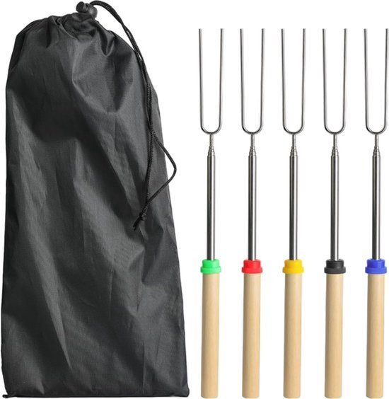 Roestvrijstalen Marshmallow Roosterset - Barbecueaccessoires - Uitschuifbare BBQ Vork - RVS Grilltools - Vuurfeesten - Kampvuur - Roosterstokjes - Barbecuebenodigdheden - Bruikbaar op BBQ - Stokjes voor Marshmallows - 5 Stuks.