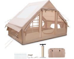 COSTWAY Opblaasbare tent voor 2-4 personen, luchttent met dakraam, 2 deuren en muggenramen, campingtent met luchtpomp, draagtas en waterdichte Oxford-stof, outdoor tent voor camping