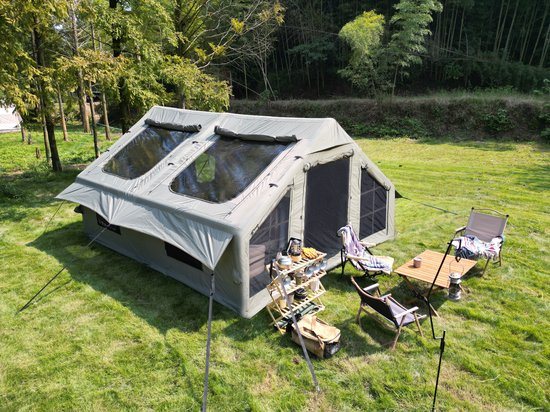 FloraGrace Tent – Opblaasbaar – 400 x 300 x 200 cm – Polykatoen – Legergroen – Voor 4 Slapers en 7-8 Personen – Met Handpomp