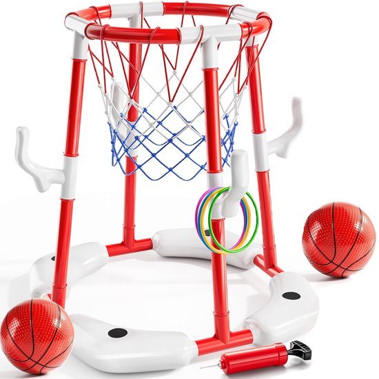 Huntex Basketbal & Ringenspel – 2-in-1 Speelset voor Kinderen & Volwassenen – Binnen & Buiten – Inclusief 2 Ballen, 12 Ringen en Pomp – Rood