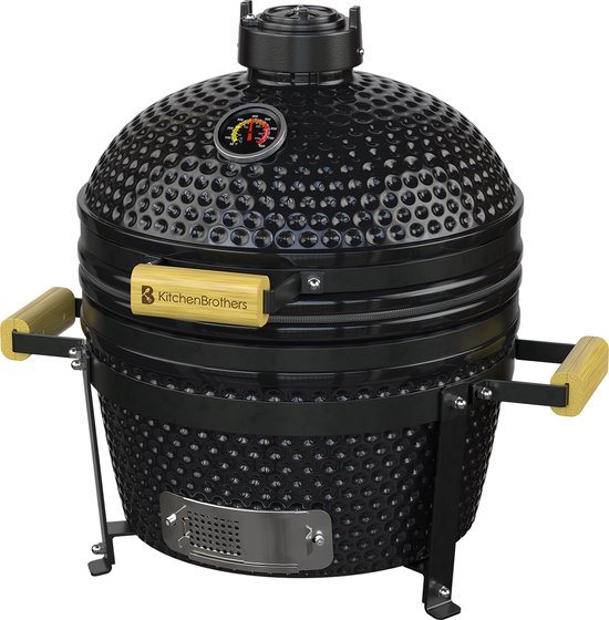 KitchenBrothers Kamado BBQ - 16 Inch Houtskool Barbecue - 34⌀ cm - PFAS-vrij - Deluxe Set - Egg BBQ met Accessoires - Zwart