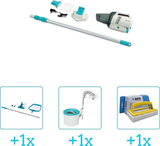 Zwembadonderhoud - Intex Zwembad stofzuiger ZR200 - Oplaadbaar - Handmatig - 28628 inclusief Schoonmaakset - Skimmer en Scrubborstel - 4-delig - Geschikt voor alle type zwembaden - Zwembadstofzuiger