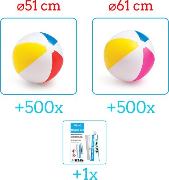 Intex Opblaasbare Strandballen - Strandbal Voordeelverpakking - 2 x 500 stuks - Strandbal Jumbo - Diameter 51 en 61 cm - Ideal voor Festivals - Inclusief handig Reparatiesetje