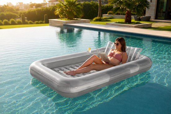 XL Luchtbed 207x141 cm – Tanning Bed - Tanningbed - Met Nekondersteuning & Bekerhouder – Opblaasbaar Ligbed - Opblaasbed - Opblaasligbed - Zonnebed - Loungebed - 1 tot 2 personen – Gerecycled PVC – Voor Strand, Zwembad & Tuin - Grijs
