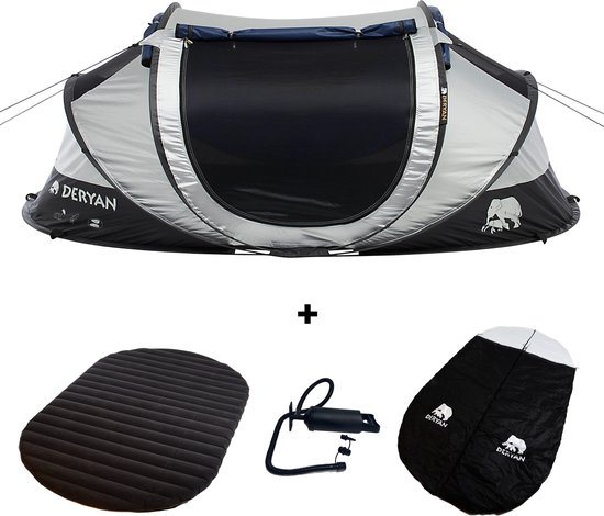 Deryan Cocoon Pop Up Tent - Slaapzak - Luchtbed - Luchtpomp - 2 persoons - Zilver