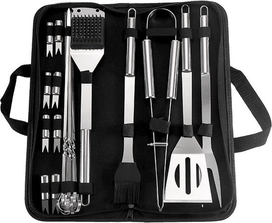 Grillbestek gereedschapsset - barbecue-accessoires cadeau voor mannen - handschoenen en grillmat - roestvrij staal - tuin en camping - 28 stuks barbecue set