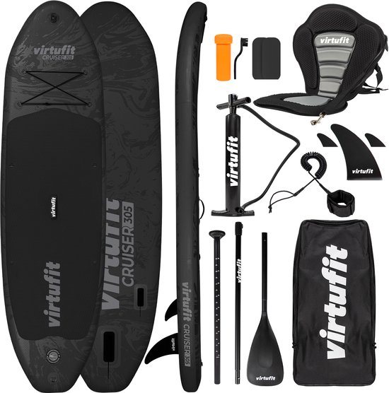 VirtuFit Cruiser Opblaasbaar SUP Board 305 cm - Max. 180 kg - Complete Set - Incl. Kajak Zitje, Peddel, Pomp, Tas & GoPro-mount - Stand Up Paddle Board - Zwart