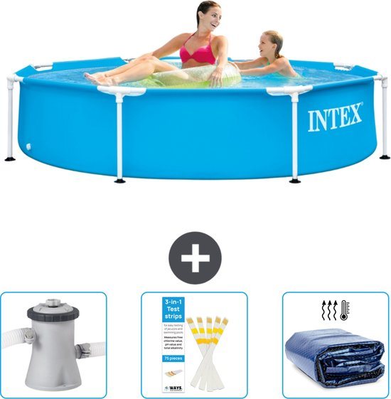 Intex Rond Frame Zwembad - 244 x 51 cm - Blauw - Inclusief Zwembadfilterpomp - Testrips - Solarzeil