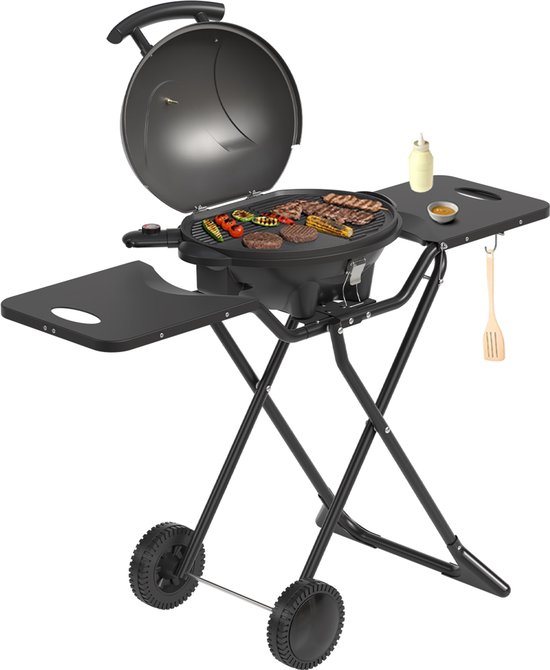KitchenBrothers Elektrische BBQ - Opvouwbaar - Barbecue met Wielen - Anti-aanbaklaag - Zijtafels - tot 250°C - 2400W - Zwart