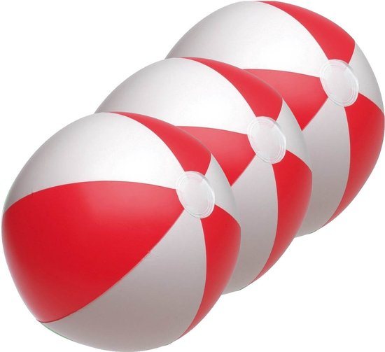 Opblaasbare speelgoed strandbal - 5x - rood/wit - dia 28 cm - Strandballen - Buiten speelgoed - Strand speelgoed - PVC