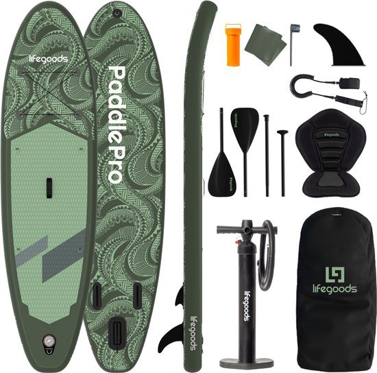 LifeGoods SUP Board Allround Compact - met Zitje - 120 KG Draagkracht - 300 x 76 cm - Opblaasbaar - Compleet SUP pakket - Groen/Legergroen