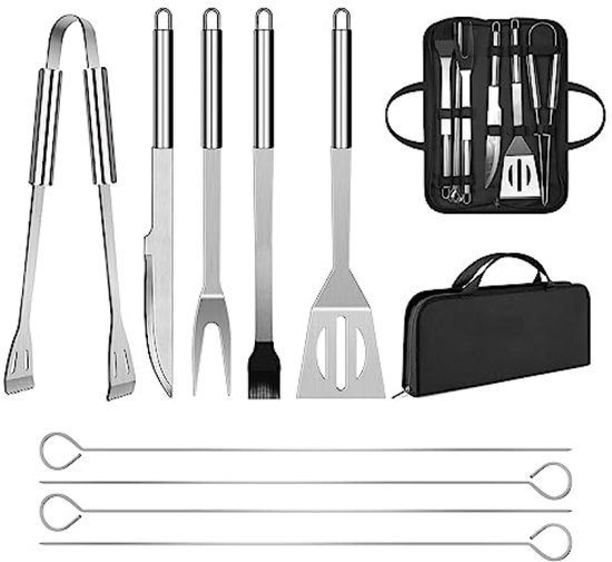 Professionele BBQ kookgerei set van roestvrijstaal - 9-delige barbecue-accessoires met opbergtas, grilltang, vork, spatel, spiesen en kwast