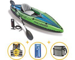 Intex Challenger K1 opblaasbare kajak | 1-persoons kajak | Incl. peddel en pomp | Kajakpakket | Reparatiekit | Zwemvest | Outwave koeltas