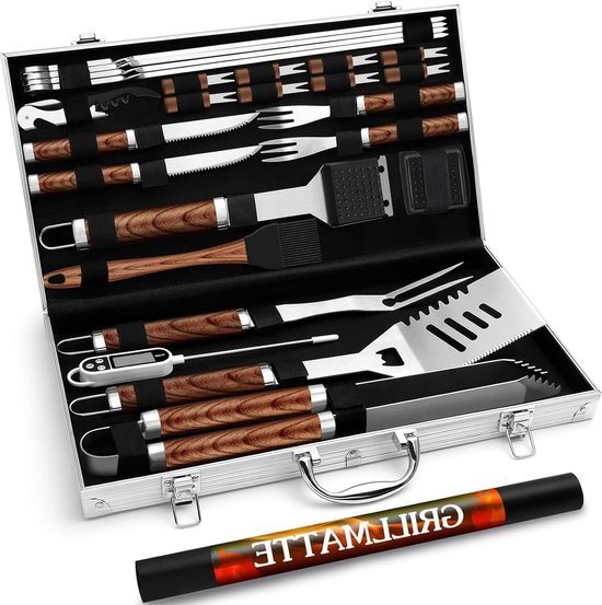 26-delige hoogwaardige roestvrijstalen BBQ-bestek set met draagbare opbergkoffer - perfecte barbecue-accessoires voor mannen met vleesthermometer bbq tool