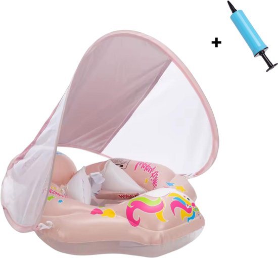 Playos® - Zwemband met Zonnescherm en Zitje - Roze - Maat L - tot 18 kilo - Inclusief Pompje - Peuter en Baby - Zwemring - Babyzwemband - Babyfloat - Zwemtrainer - Zwemstoel - Leren Zwemmen
