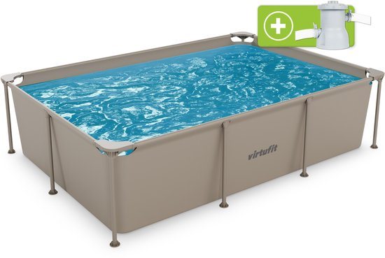 VirtuFit Rechthoekig Zwembad 260 x 180 x 66 cm - Incl. Filterpomp - Opzetzwembad - Duurzaam & Veilig Stalen Frame - Beige