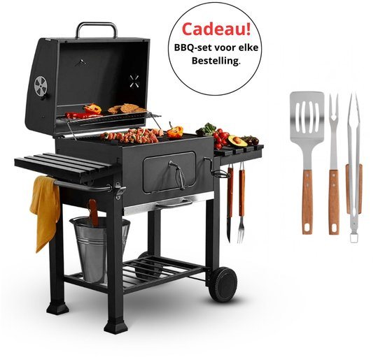 LuxoraLife® Houtskool BBQ – Smoker Barbecue – Verstelbaar Kolenrooster – Zijpanelen – 42×57 cm Grilloppervlak – gratis BBQ set – Zwart