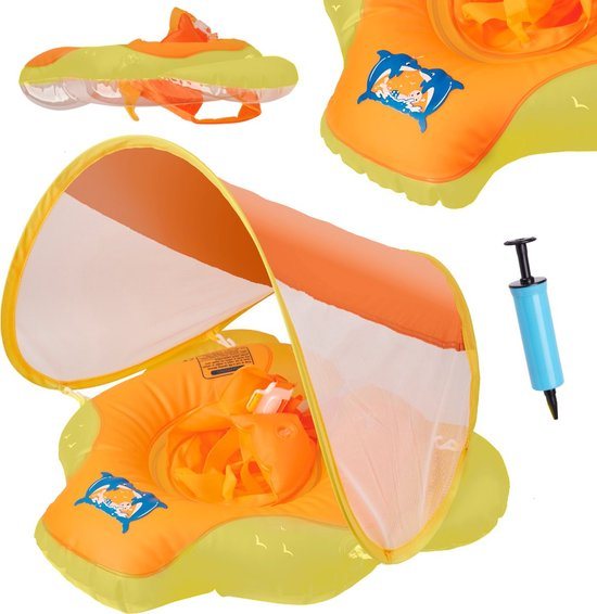Playos® - Zwemband met Zonnescherm en Zitje - Geel - Maat S - tot 9 kilo - Inclusief Pompje - Peuter en Baby - Zwemring - Babyzwemband - Babyfloat - Zwemtrainer - Zwemstoel - Leren Zwemmen