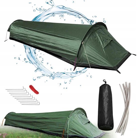 Kampeertent & Slaapzak - Opvouwbare Tent - 1-persoons Outdoor Tent - 220x50x50 Centimeter (Militair Groen) - Ultralicht Waterdicht & Windbestendig - Geschikt Alle Seizoenen - Voor Kamperen & Wandelen