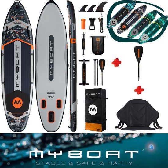 MyBoat Bass Hunter Kajak Peddel Boord | SUP Board Set met zitje plus 4 delige peddel voor kano ervaring compleet | 2 tot 3 personen, Familie | 168 Kg belastbaar Stand Up Paddle Board | Extra Breed 350cm lang Ultra Licht & Stabiel Opblaasbaar kajakken