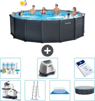 Intex Rond Graphite Gray Panel Zwembad - 478 x 124 cm - Inclusief Pomp - Ladder - Grondzeil - Afdekzeil Onderhoudspakket - Zoutwatersysteem - Zwembadzout
