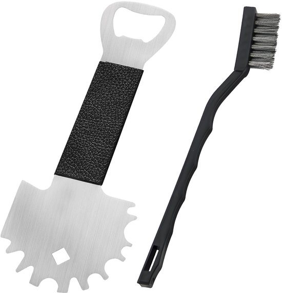Dailygoods - Grillborstel multifunctioneel – grillroosterreiniger voor gietijzeren rooster & plancha | barbecue-accessoires met tandranden en flesopener | borstelvrije grillreiniger borstel (incl. roestvrijstalen
