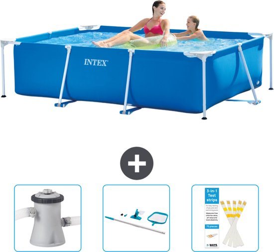 Intex Rechthoekig Frame Zwembad - 220 x 150 x 60 cm - Blauw - Inclusief Zwembadfilterpomp - Schoonmaakset - Testrips