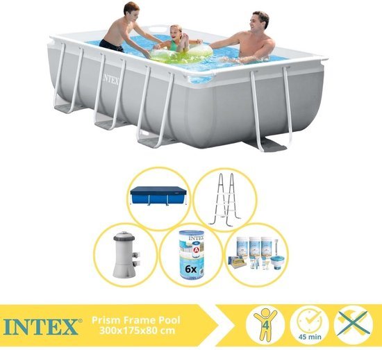Intex Prism Frame Zwembad - Opzetzwembad - 300x175x80 cm - Inclusief Afdekzeil, Onderhoudspakket en Filter