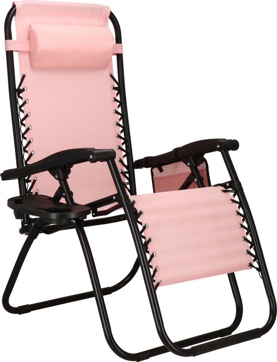 Springos Tuinstoel | Ligstoel | Opvouwbaar | Verstelbaar | Ergonomische hoofdsteun | Roze / Zwart