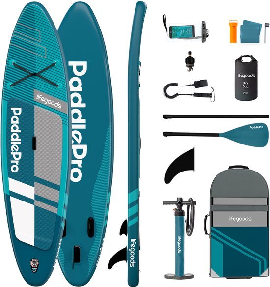 LifeGoods PaddlePro SUP Board Pro - Pro Set - Opblaasbaar Paddle Board - Max. 150KG - 320x81cm - Deep Aqua