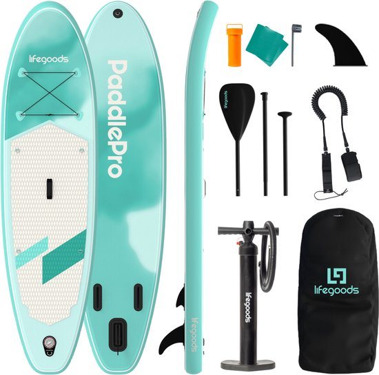LifeGoods SUP Board Allround Compact - 120 KG Draagkracht - 300 x 76 cm - Opblaasbaar - Compleet SUP pakket - Mintgroen