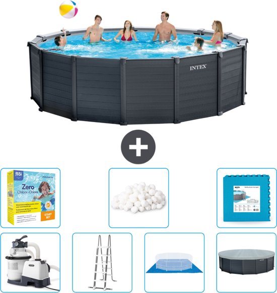 Intex Rond Graphite Gray Panel Zwembad - 478 x 124 cm - Inclusief Pomp - Ladder - Grondzeil - Afdekzeil Onderhoudspakket - Filterbollen - Vloertegels