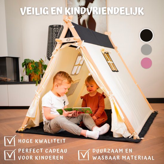 Confidento Tipi Speeltent - Zwart Kindertent voor Binnen & Buiten - Inclusief Comfortabele Speelmat - 130cm Hoog - Duurzaam Katoen