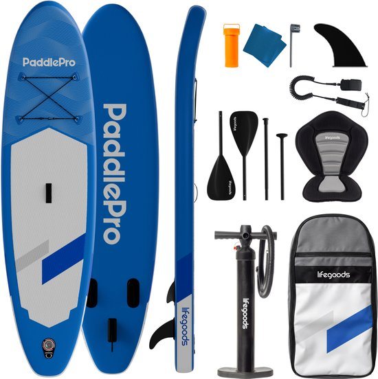 LifeGoods SUP Board Allround Compact - met Zitje - 120 KG Draagkracht - 300 x 76 cm - Opblaasbaar - Compleet SUP pakket - Blauw